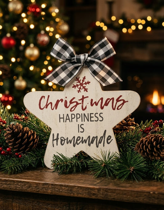 Rustic wooden star Christmas sign styled on a wooden fireplace mantel among evergreen pine branches, natural pinecones, and warm glowing Christmas tree bokeh lights.