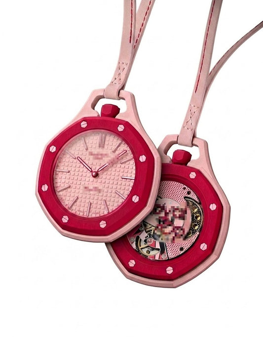 Front textured dial and caseback view of the sand pink bioceramic pendant watch with matching leather neck strap.