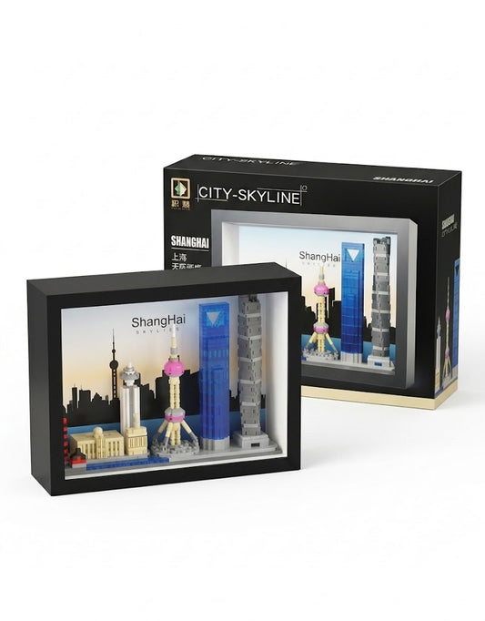 Assembled Shanghai city skyline 3D shadow box picture frame micro building block set shown with retail packaging box.