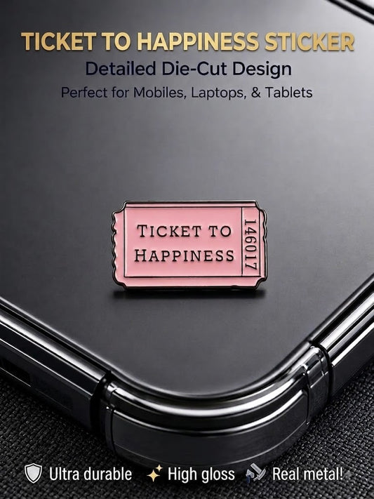 Pink die-cut real metal enamel sticker reading Ticket to Happiness applied on the back of a black smartphone