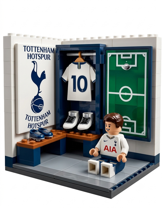 Tottenham Hotspur FC locker room mini building blocks set featuring a player minifigure in white kit, hanging number 10 jersey, tactics board, and soccer boots.
