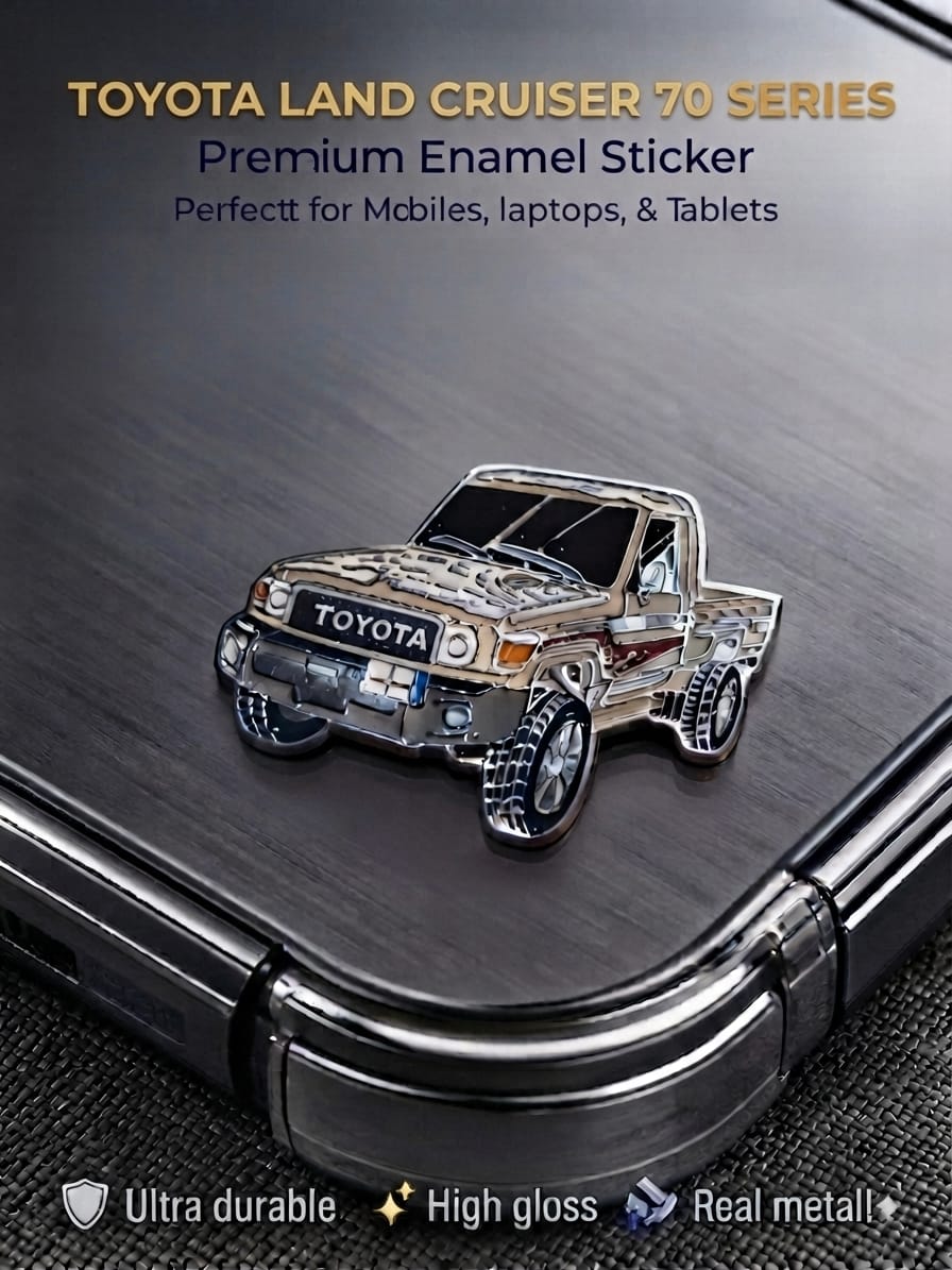 Glossy 3D Toyota Land Cruiser 70 Series pickup truck metal enamel sticker applied to a dark smartphone back