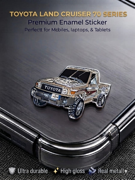 Glossy 3D Toyota Land Cruiser 70 Series pickup truck metal enamel sticker applied to a dark smartphone back