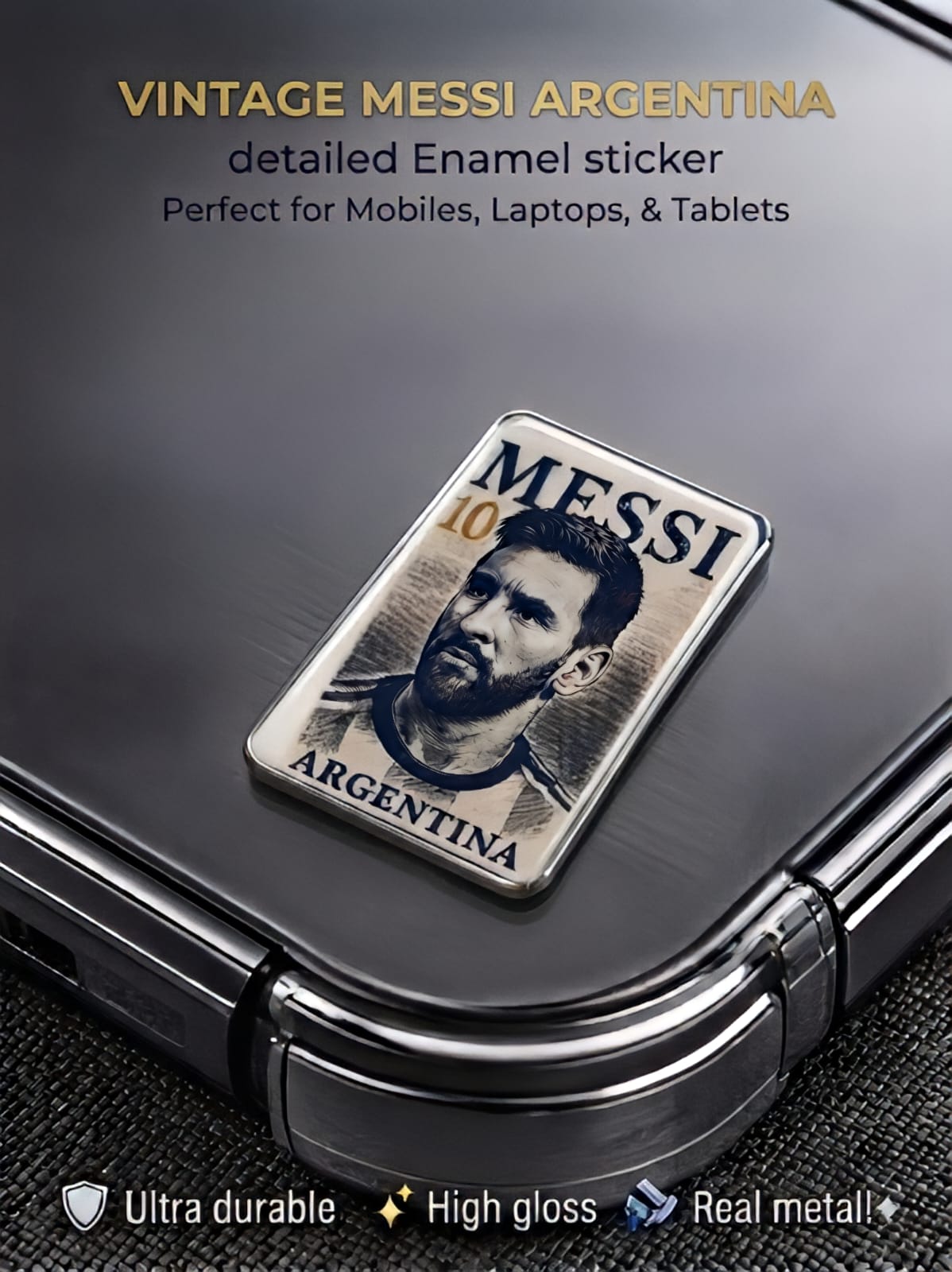 Vintage Lionel Messi 10 Argentina high-gloss metal enamel sticker on the back of a black smartphone case