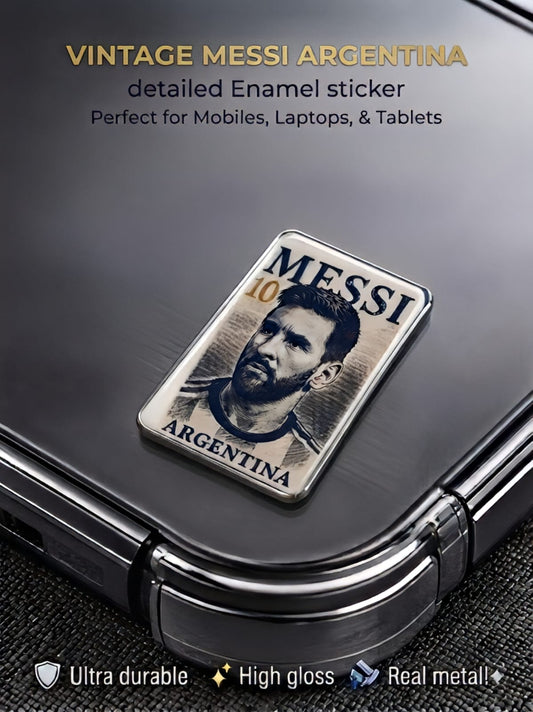 Vintage Lionel Messi 10 Argentina high-gloss metal enamel sticker on the back of a black smartphone case
