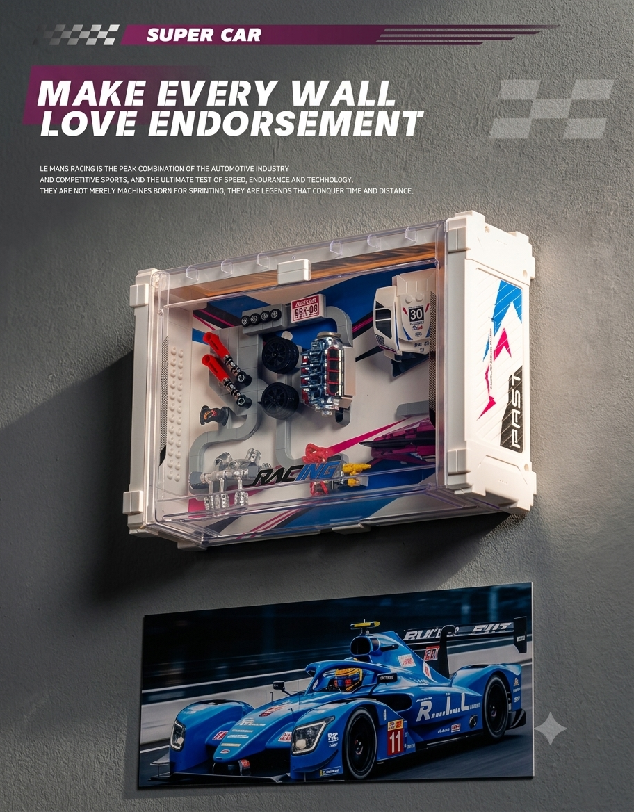 Wall-mounted transparent shadow box display featuring disassembled racing car building parts hanging above a motorsport poster