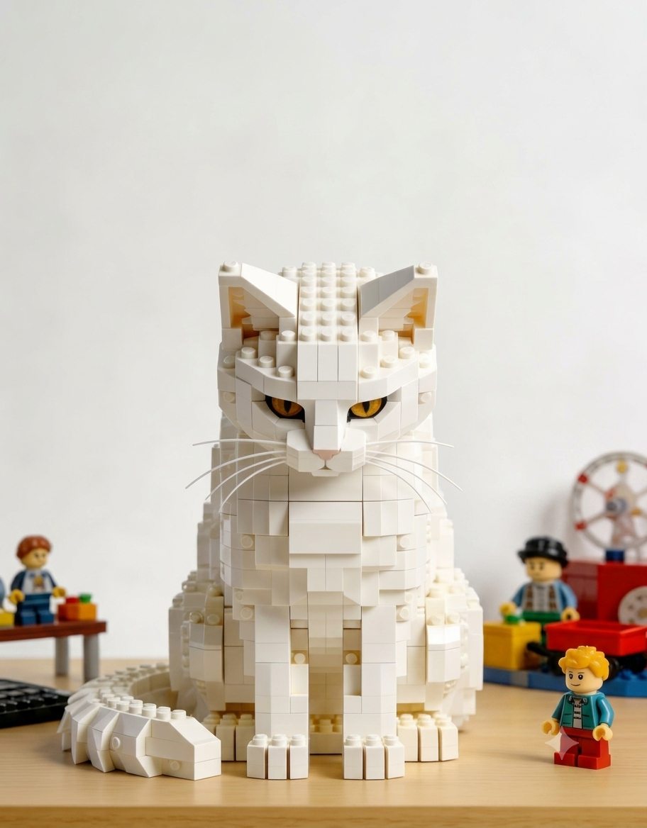 Front-facing white Maine Coon cat brick statue surrounded by small collectible toy figures on a desk.