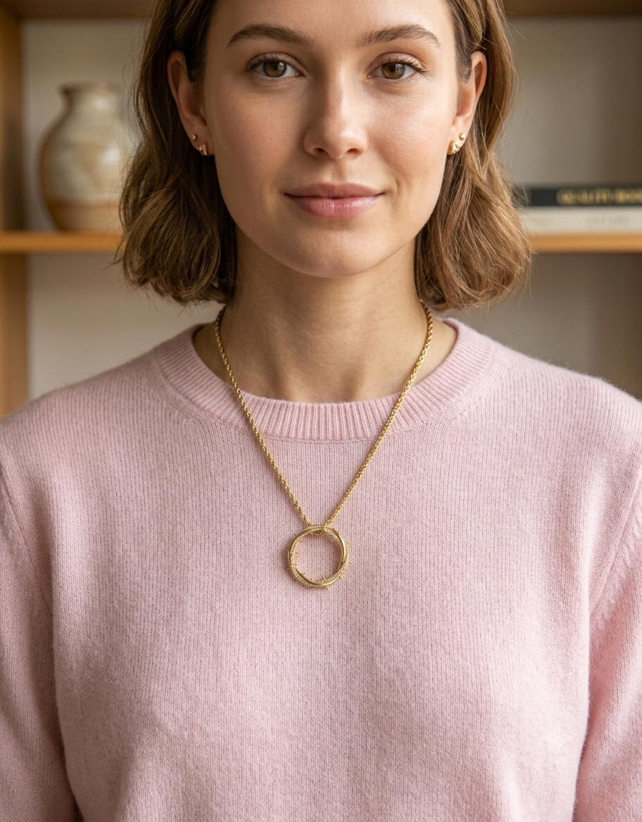 Female model wearing a minimalist 18K gold iced crown of thorns pendant necklace paired with a soft knit sweater.