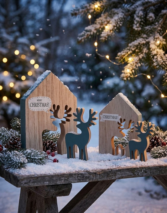 2-piece wooden holiday house and reindeer figurines set on a snow-covered wooden bench with fairy lights and pine branches.