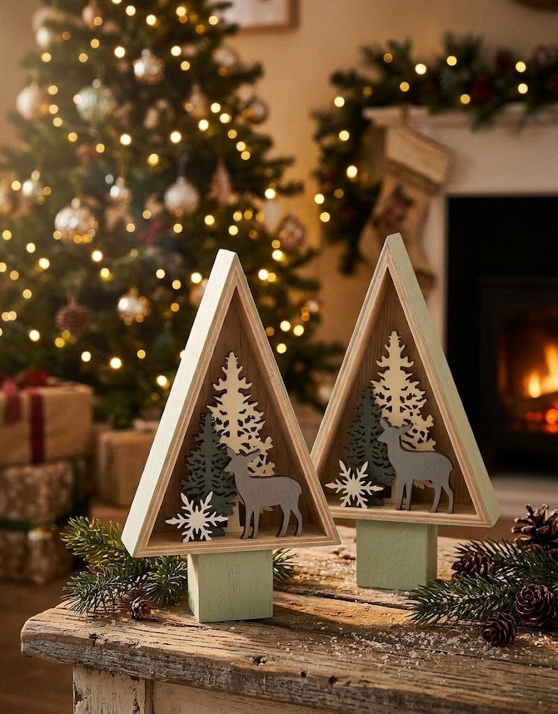 Handcrafted wooden holiday tree ornaments featuring woodland deer silhouettes arranged near a cozy fireplace, delivered across Lebanon.