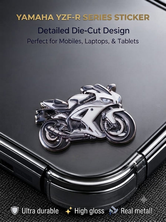 Yamaha YZF-R series die-cut metal enamel sticker with a high-gloss finish mounted on a black smartphone case.