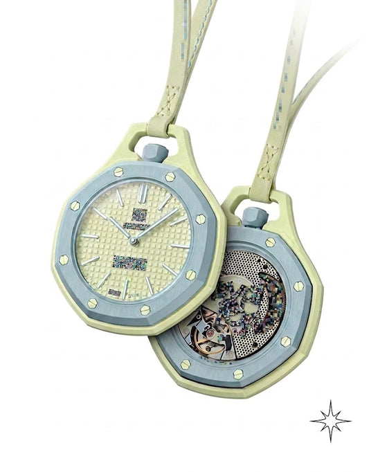 Pastel yellow and light blue bioceramic pendant watch showing textured dial and open exhibition automatic movement caseback.