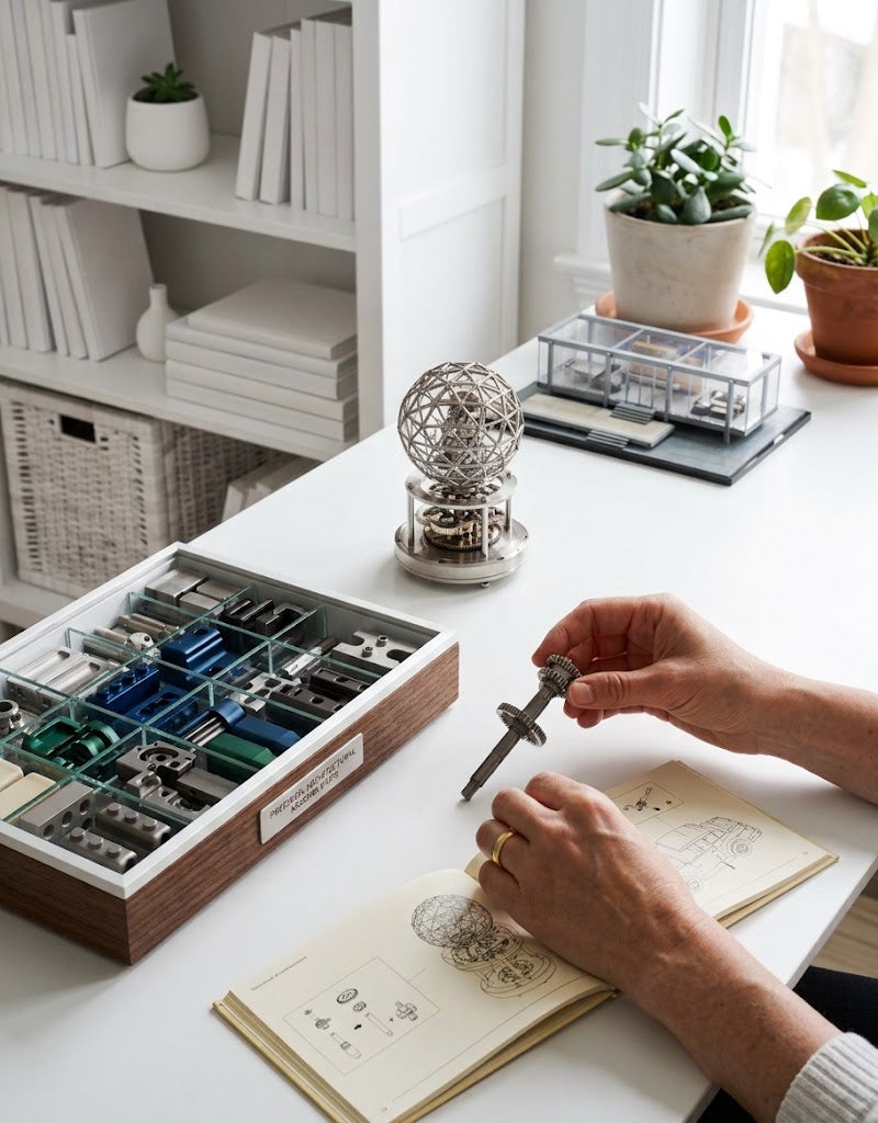 Hands assembling an intricate DIY mechanical metal sphere model kit with precision parts and instruction booklet on a desk.