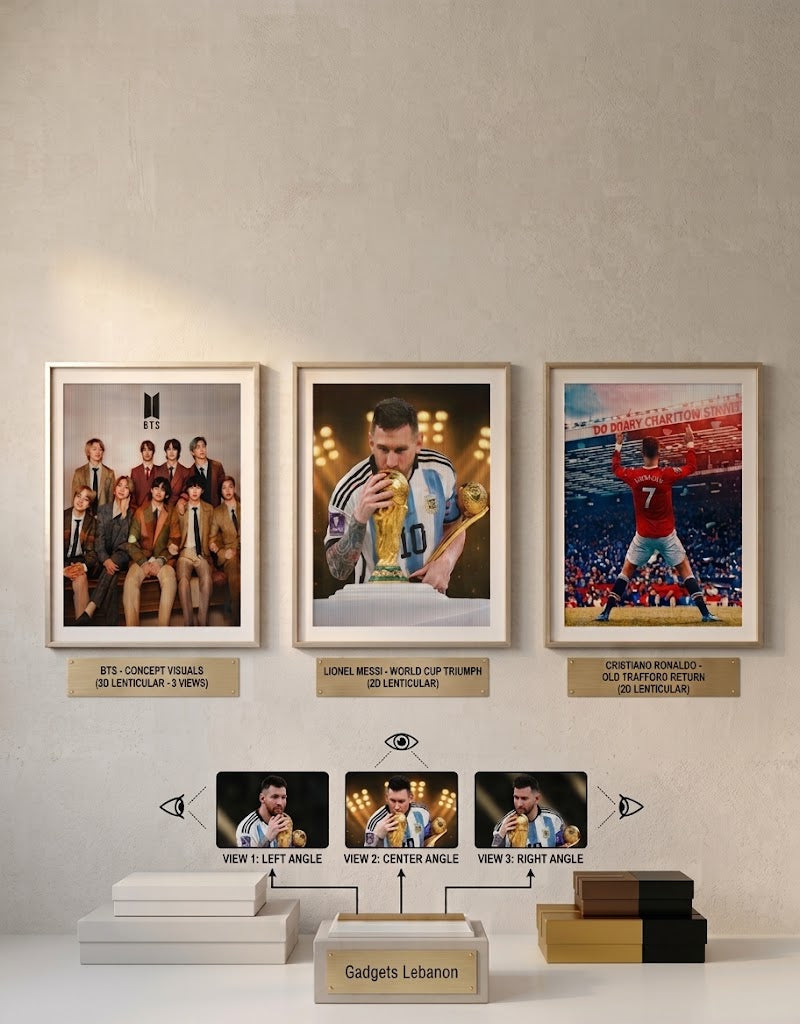 POSTERA exclusive collection of 3D lenticular motion posters featuring football stars Messi and Ronaldo, pop culture icons, BTS art, and collectibles on display.