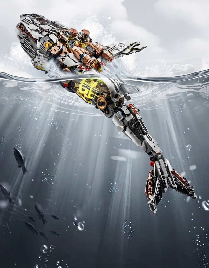 Collection of mechanical steampunk animal building kits including a fire-breathing dragon, mechanical dolphin, T-Rex dinosaur, mechanical horse, and airship displayed on a clean white background.