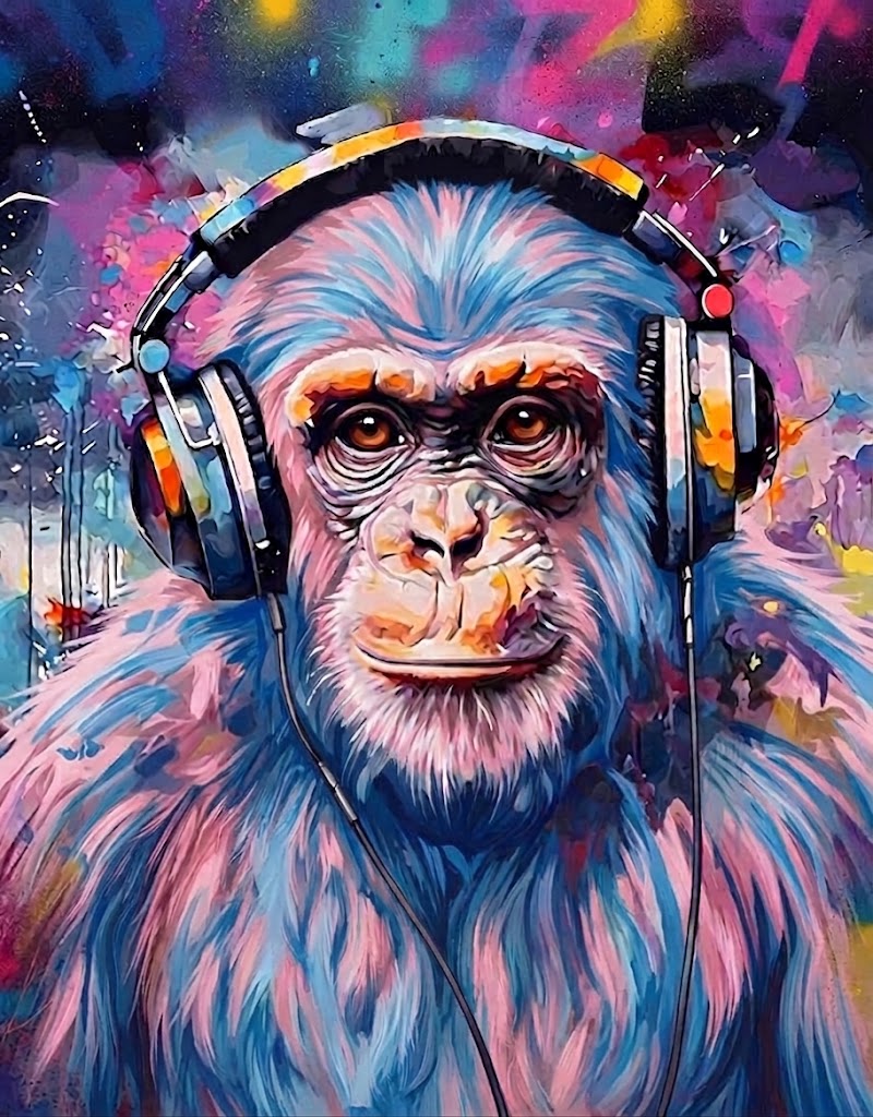 Graffiti street art illustration of a chimpanzee with pastel pink and blue fur wearing over-ear headphones