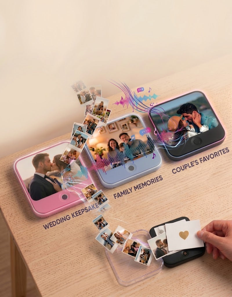 The Sounds of Your Life personalized audio photo fridge magnet playing custom music and voice messages with interchangeable mini pictures.