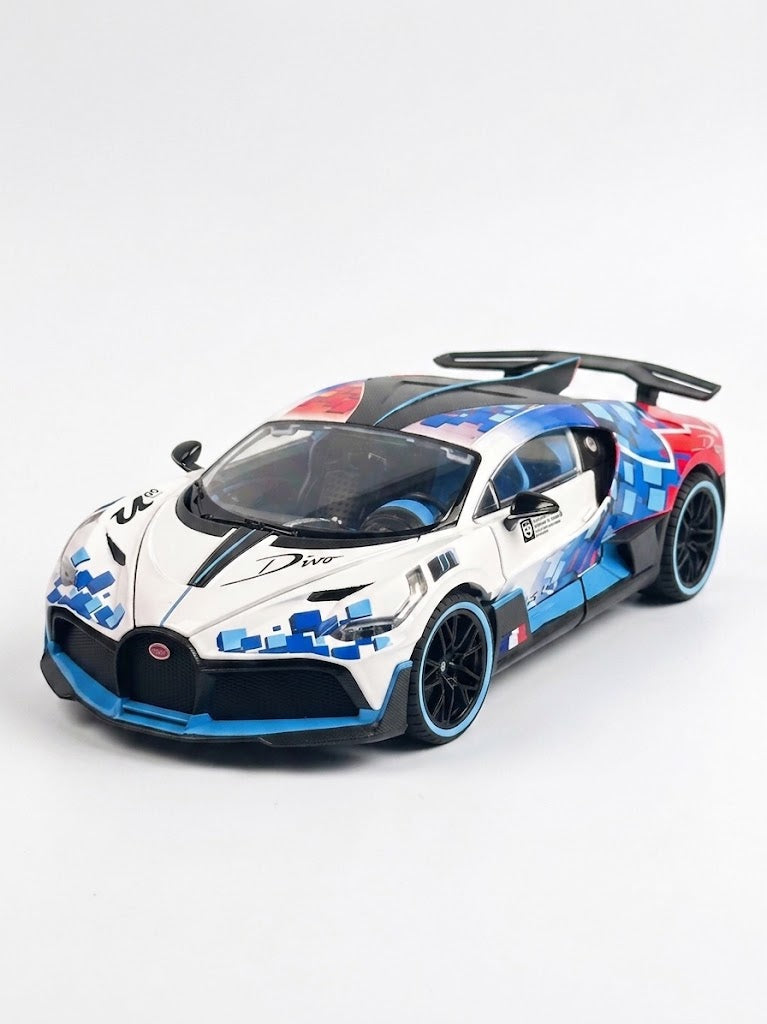 1:18 scale Bugatti Divo diecast alloy model car with custom blue, red, and white pixel race livery on a clean white background.