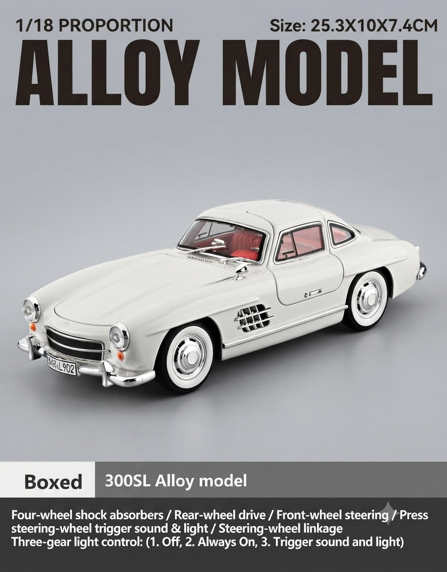 White 1:18 Mercedes-Benz 300SL diecast model highlighting working steering suspension and sound and light controls