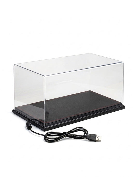 Clear acrylic 1:18 scale model car display case featuring a black leather base with red contrast stitching and integrated USB LED lighting.