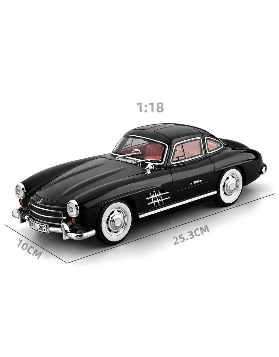 1:18 scale vintage Mercedes-Benz 300SL alloy diecast model car in glossy black showing length and width dimensions