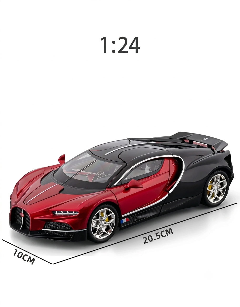 1:24 scale Bugatti Tourbillon diecast model size guide measuring 20.5 cm in length and 10 cm in width in metallic red.