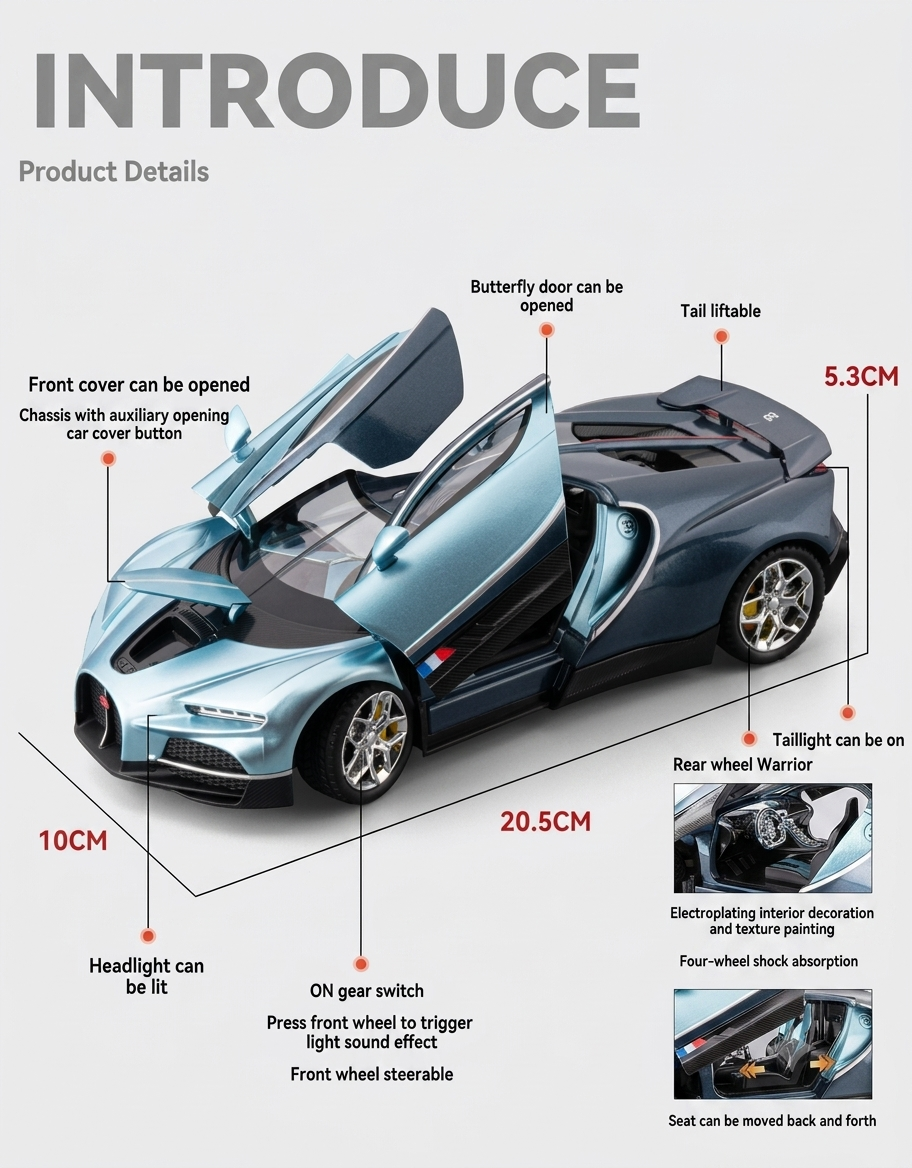 1:24 scale Bugatti Tourbillon diecast alloy model car diagram highlighting opening butterfly doors, functional lights, sound effects, and dimensions.