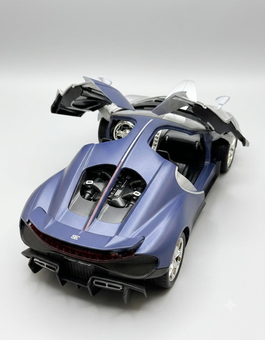 Rear angle view of 1:24 Bugatti Tourbillon alloy model car showing exposed rear engine details and open scissor butterfly doors.