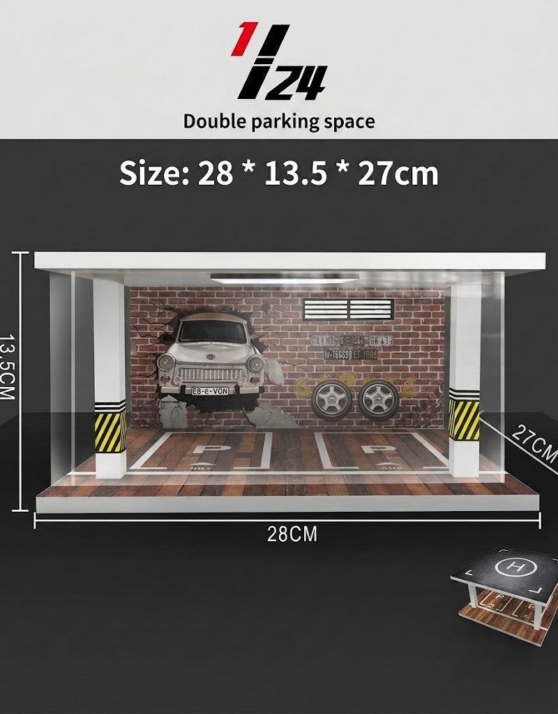 Dimensions guide for the 1:24 scale diecast car display case showing a width of 28cm, depth of 27cm, and height of 13.5cm.
