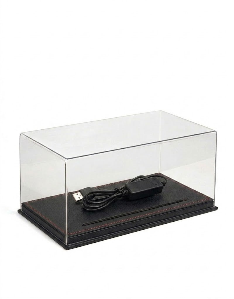 1:24 scale diecast model car clear display case with LED light and black leather base with red stitching