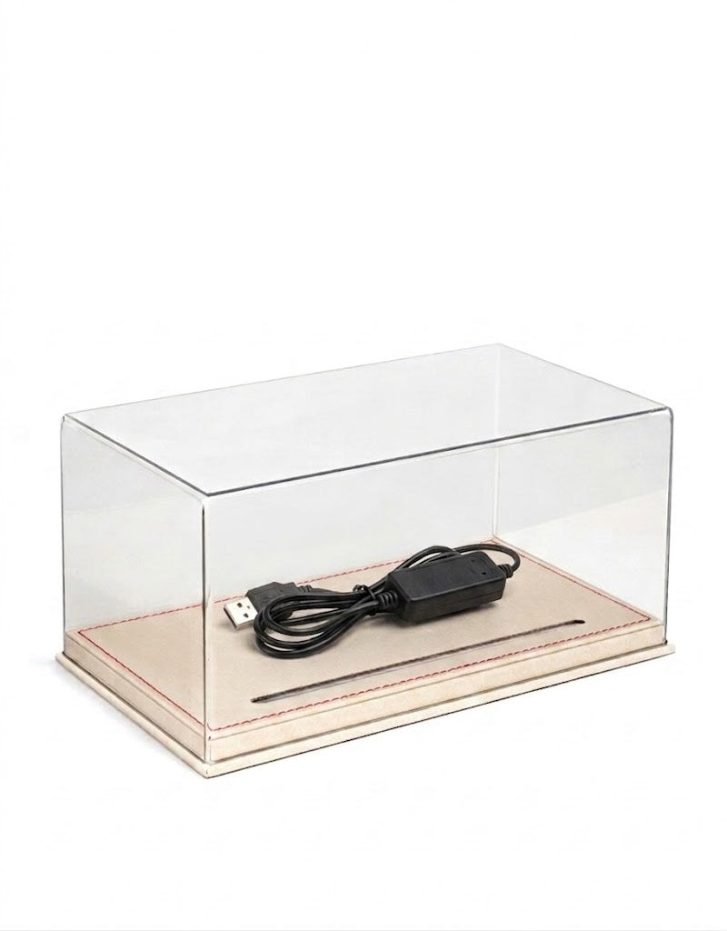 Clear acrylic display case for 1:24 scale diecast model cars featuring a beige leather base with red stitching and USB LED light.