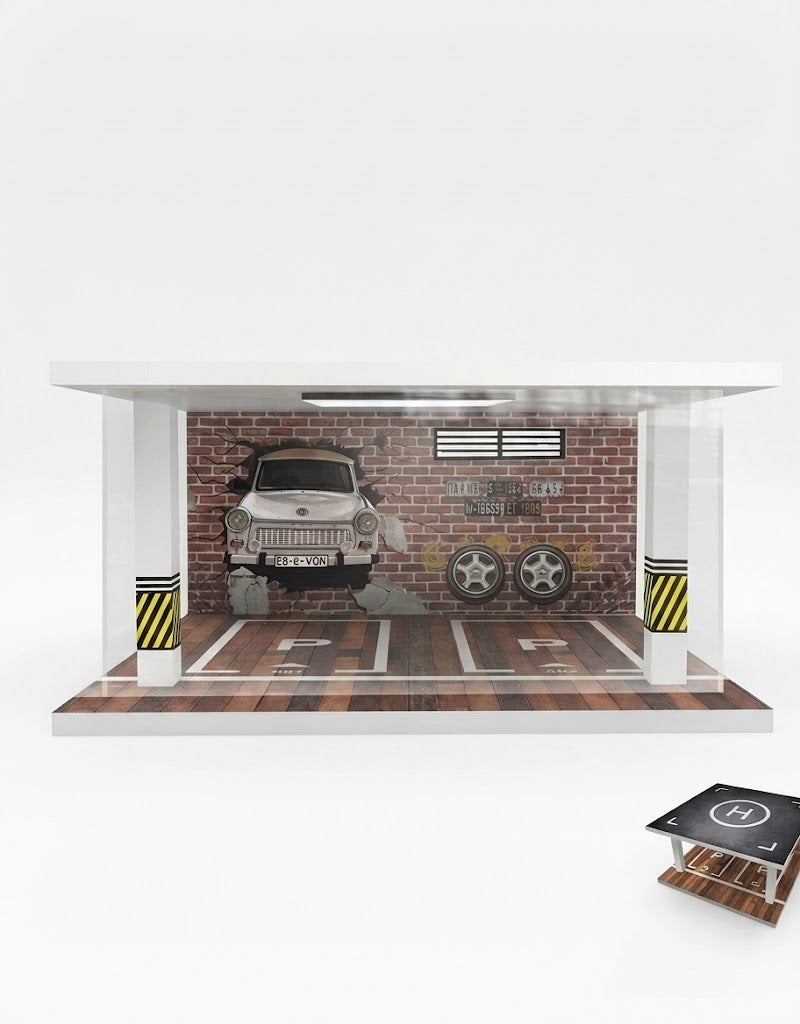 1:24 scale transparent acrylic display case for diecast cars, featuring a two-car parking garage diorama with a brick wall backdrop and a miniature helipad.