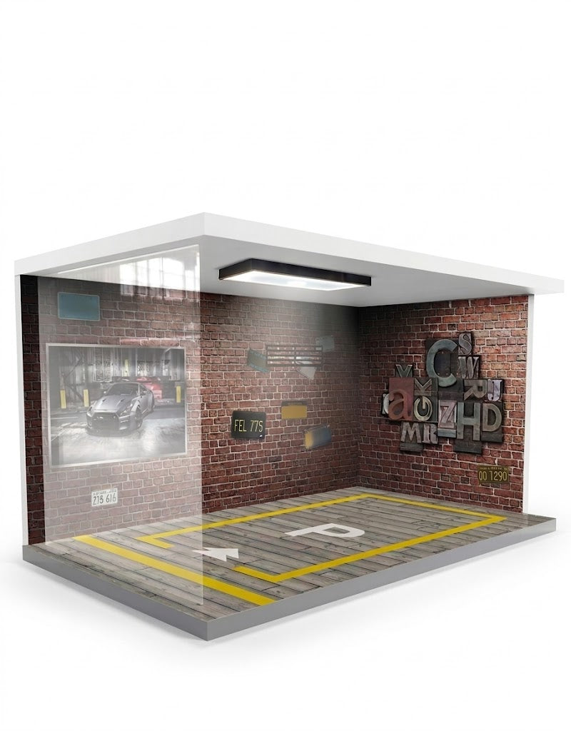1/24 scale single parking lot diorama display case featuring a brick wall background, realistic flooring, a transparent acrylic dust cover, and an overhead LED light for diecast model cars.