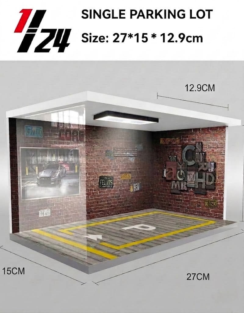 Dimensions guide for the 1/24 scale diecast car display case showing a width of 27 cm, a depth of 15 cm, and a height of 12.9 cm.