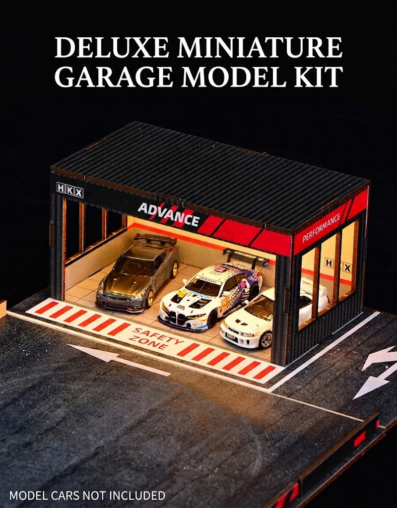 Deluxe miniature 1:64 scale Advance garage model kit with overhead warm LED lighting displaying 1:64 diecast cars parked inside.