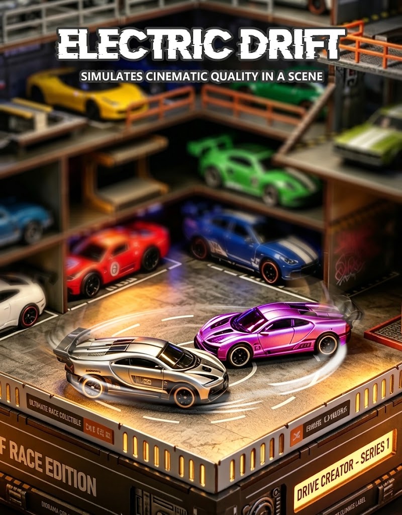 Close-up of 1:64 diecast sports cars spinning on the motorized electric drift pad turntable.