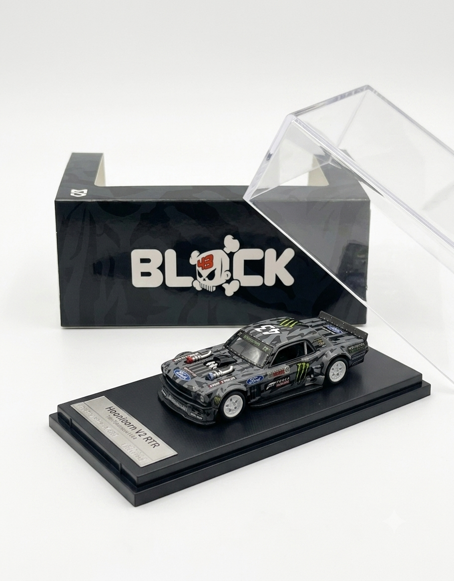 1:64 scale Ken Block Hoonicorn V2 RTR diecast car on black display base with clear acrylic dust cover opened.