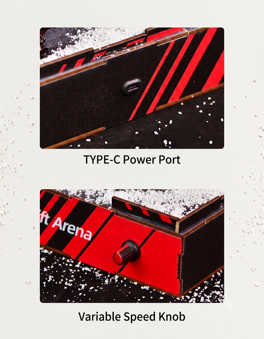 Close-up view of the 1:64 mini drift arena highlighting the USB Type-C power port and red variable speed adjustment knob.