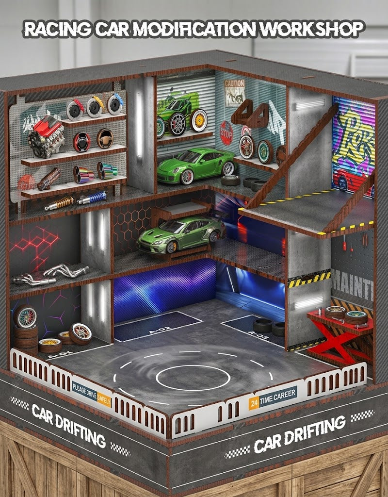 1:64 scale racing car modification workshop diorama featuring tool racks, engine accessories, and ground floor drift pad.