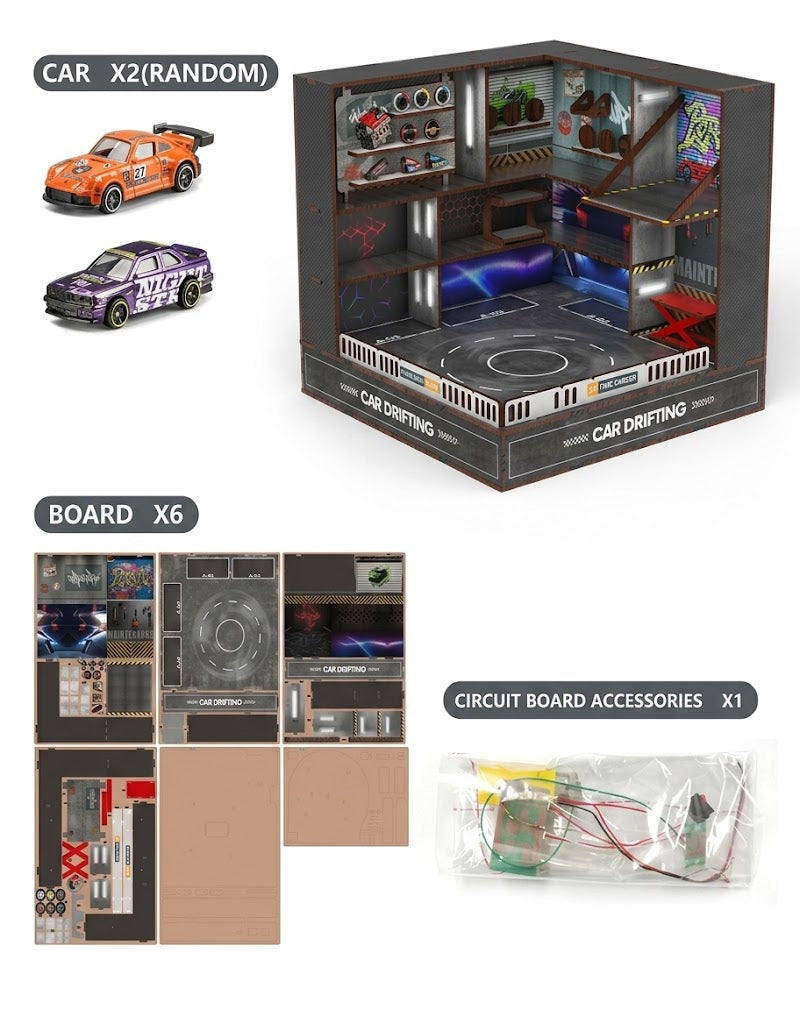 1:64 scale DIY wooden garage diorama kit showing 6 structural boards, circuit board accessories, and 2 diecast drift cars.