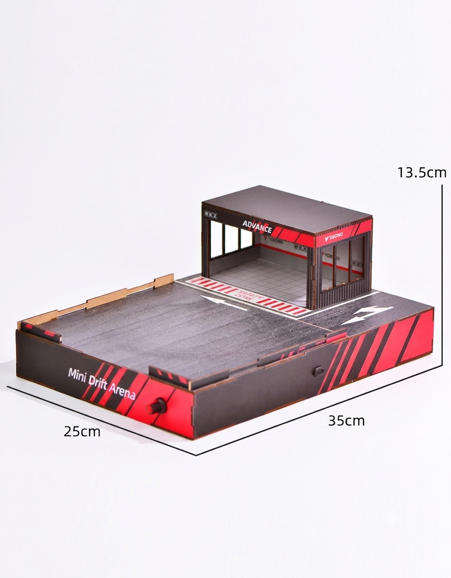 1:64 scale electric mini drift arena and illuminated garage diorama kit showing 35cm length, 25cm width, and 13.5cm height dimensions.