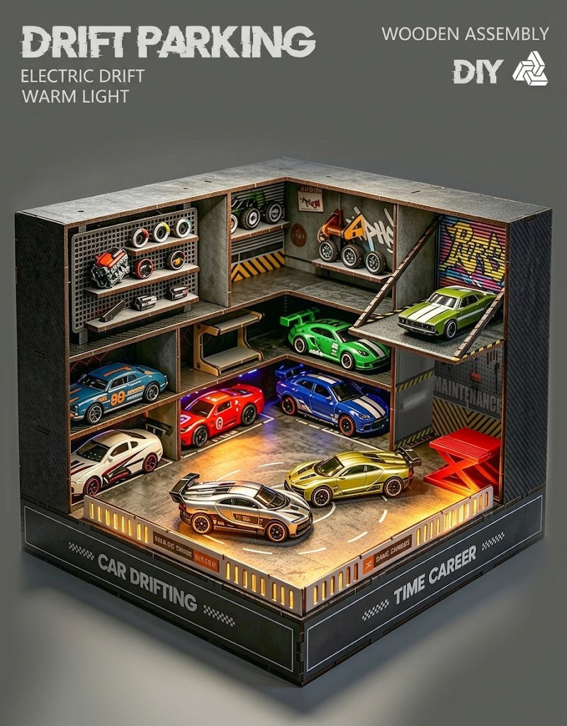 Assembled 1:64 scale wooden drift parking garage diorama featuring warm LED lighting and multi-level diecast car display.