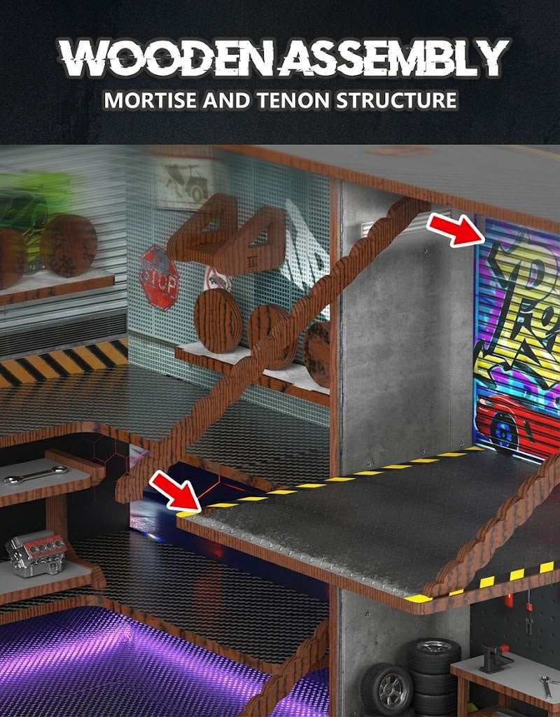 Detailed view of the interlocking mortise and tenon wooden joint assembly on the 1:64 garage diorama ramp.