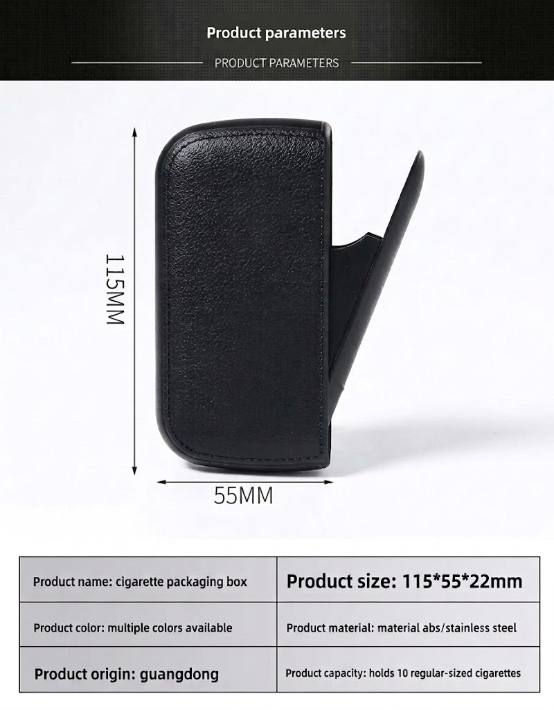 Size specifications and dimensions diagram of 115x55x22mm compact ABS stainless steel 10-cigarette capacity case.