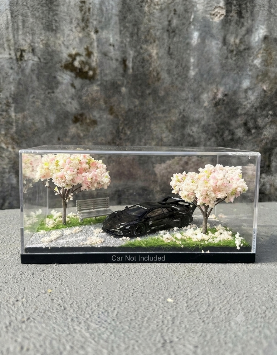 Black 1:64 diecast supercar displayed inside handcrafted sakura diorama acrylic display case.