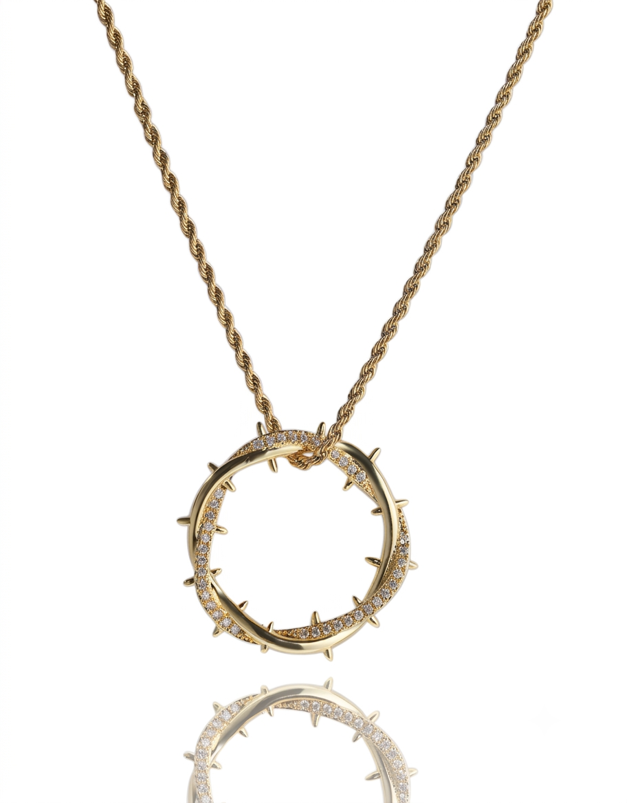 18K gold-plated crown of thorns circle pendant necklace with pavé zirconia crystals on a stainless steel rope chain, available for delivery across Lebanon.
