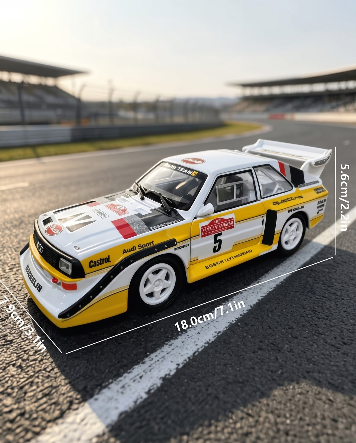Dimensions chart for Bburago 1:24 Audi Sport quattro S1 E2 diecast model showing 18.0cm length, 7.9cm width, and 5.6cm height.