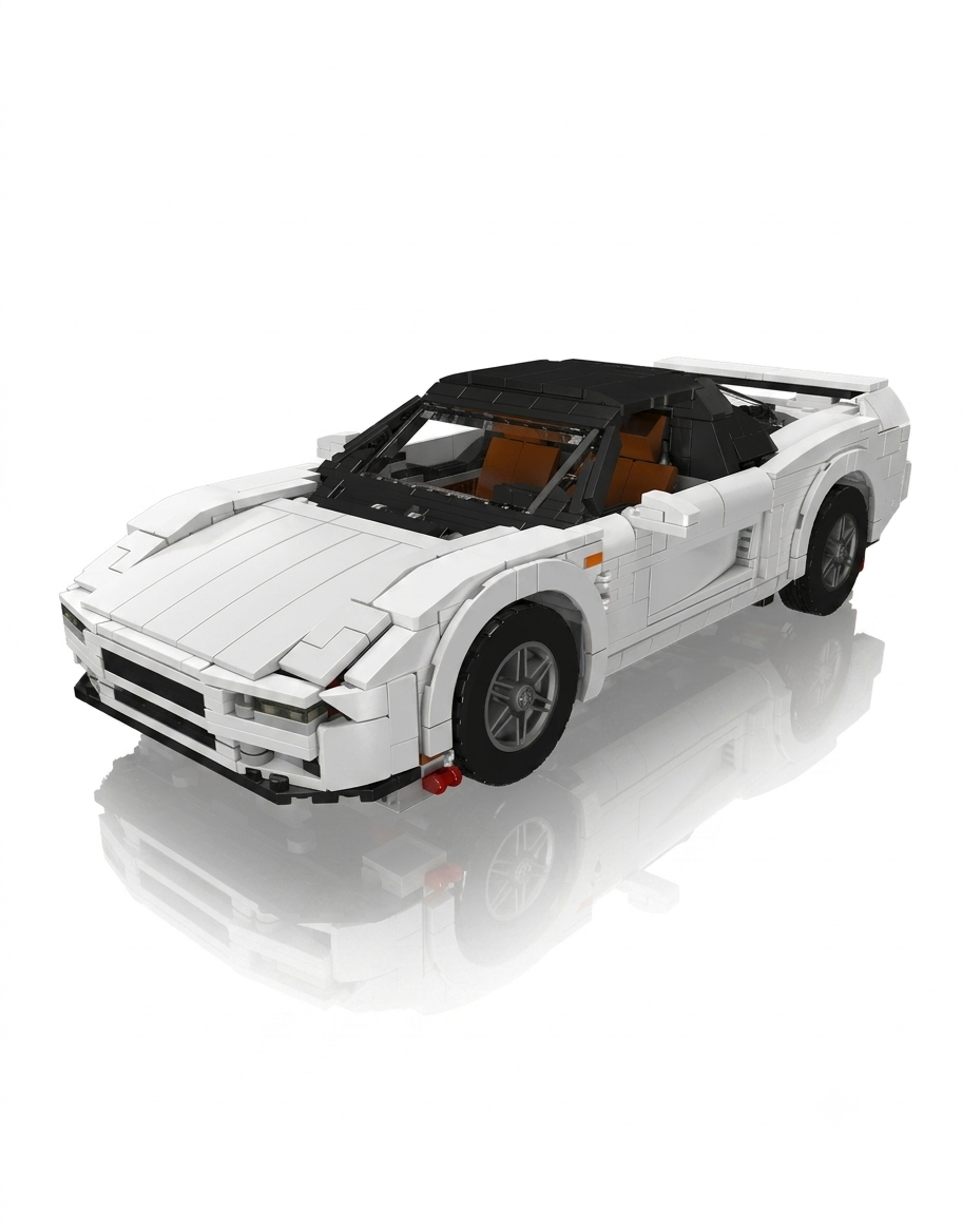 White 1990 Honda NSX JDM sports car brick model kit with black roof and brown interior on a white background