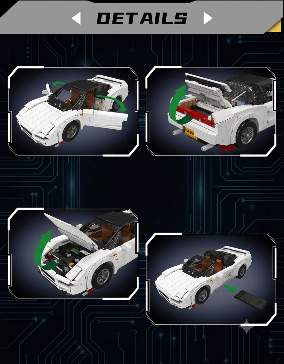 Close-up view of Mould King NSX brick model with opening doors removable roof and engine compartment details