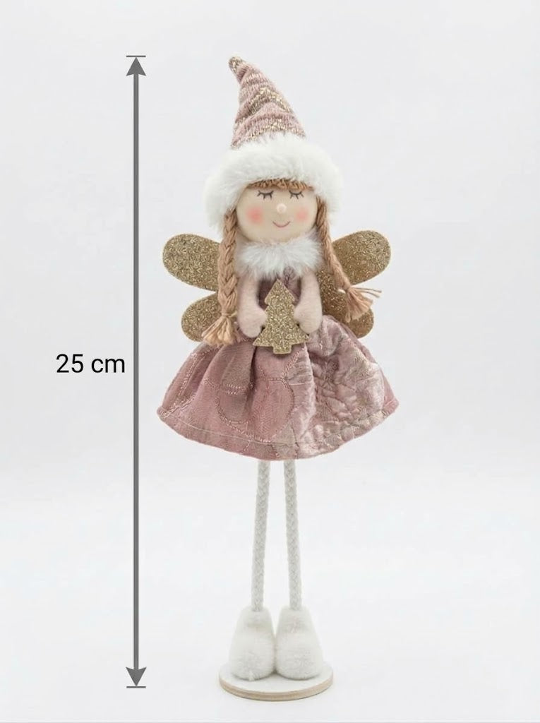 25cm tall Christmas fairy angel figurine wearing a pink glitter dress and furry hat, holding a gold tree on a white stand. An adorable holiday shelf sitter and indoor Christmas decoration, available at gadgets Lebanon.
